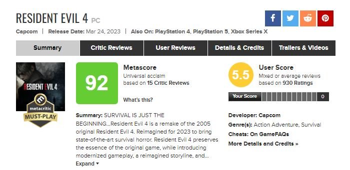 Resident Evil 4: Remake оценки